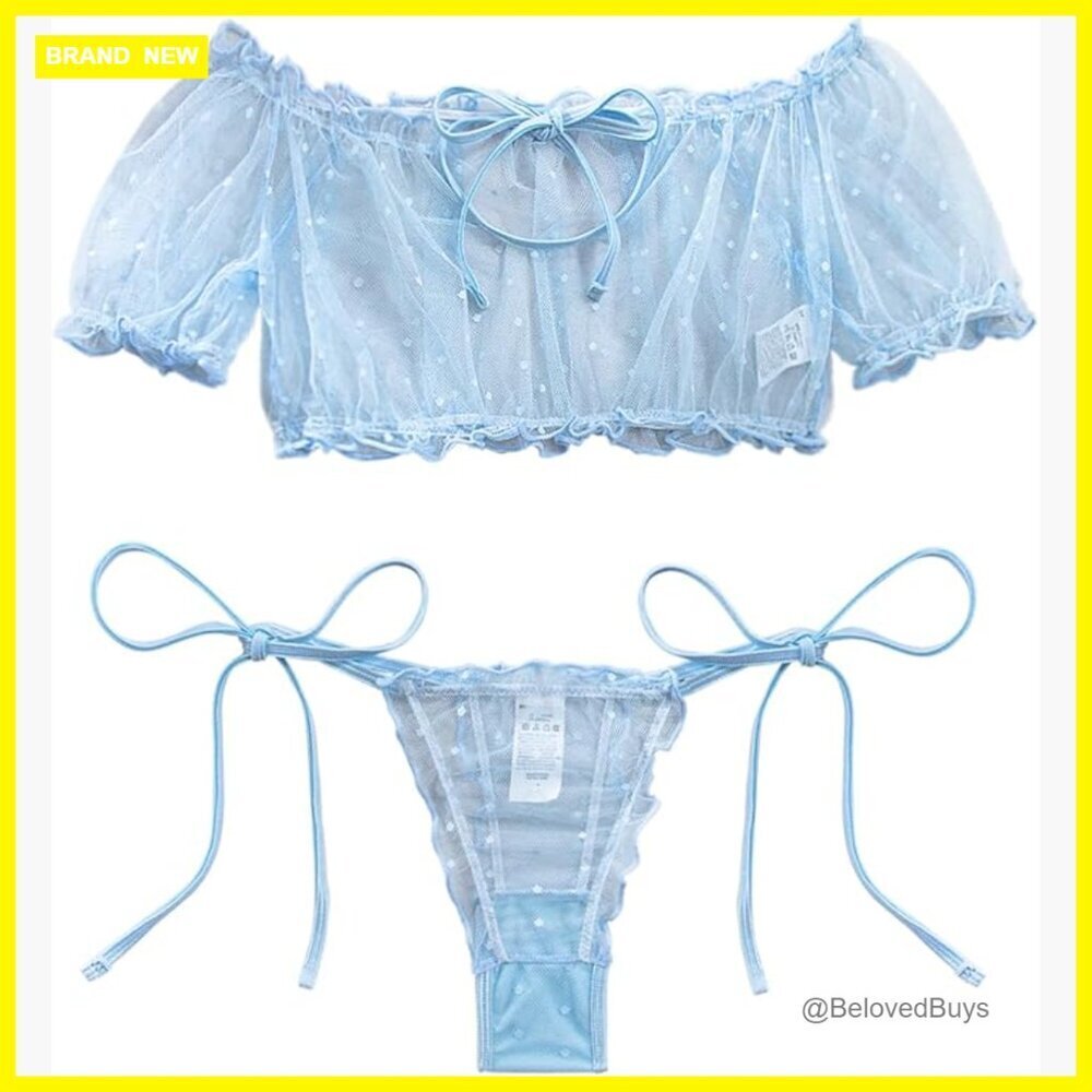 Sheer Mesh Lingerie Set with Ruffle Tie Detail, Slim Fit, Size Medium